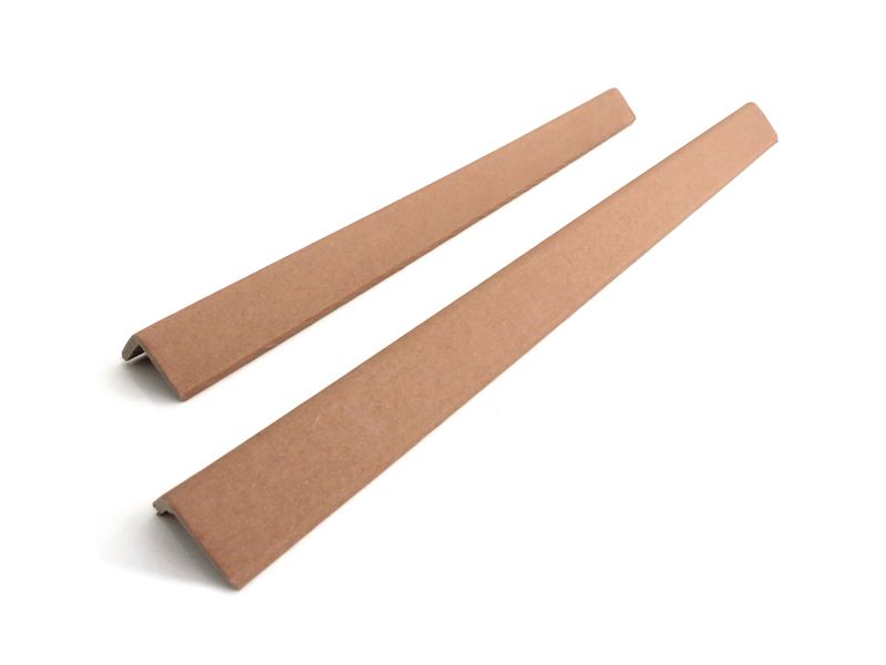 Perspective view of cardboard corner protector. Recyclable edge protectors to protect corners isolated on white background. Wall cladding accessory. DIY and Construction.