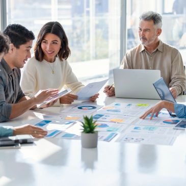 Group of professionals discussing documents in a meeting.