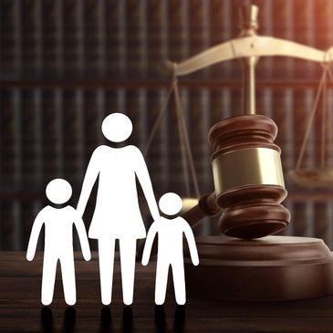 Legal symbols with a family and single man icon, highlighting custody issues.