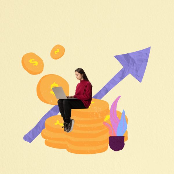 Woman working on laptop sitting on cartoon money stack with upward arrow.