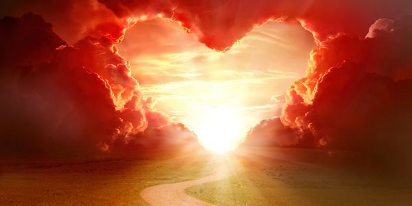 A glowing heart-shaped opening in fiery clouds reveals a bright sunlit path.