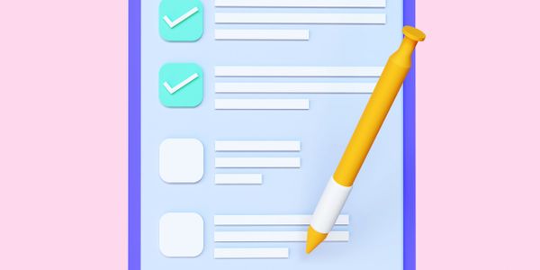 Colorful clipboard with a checklist and a yellow pen on a pink background.