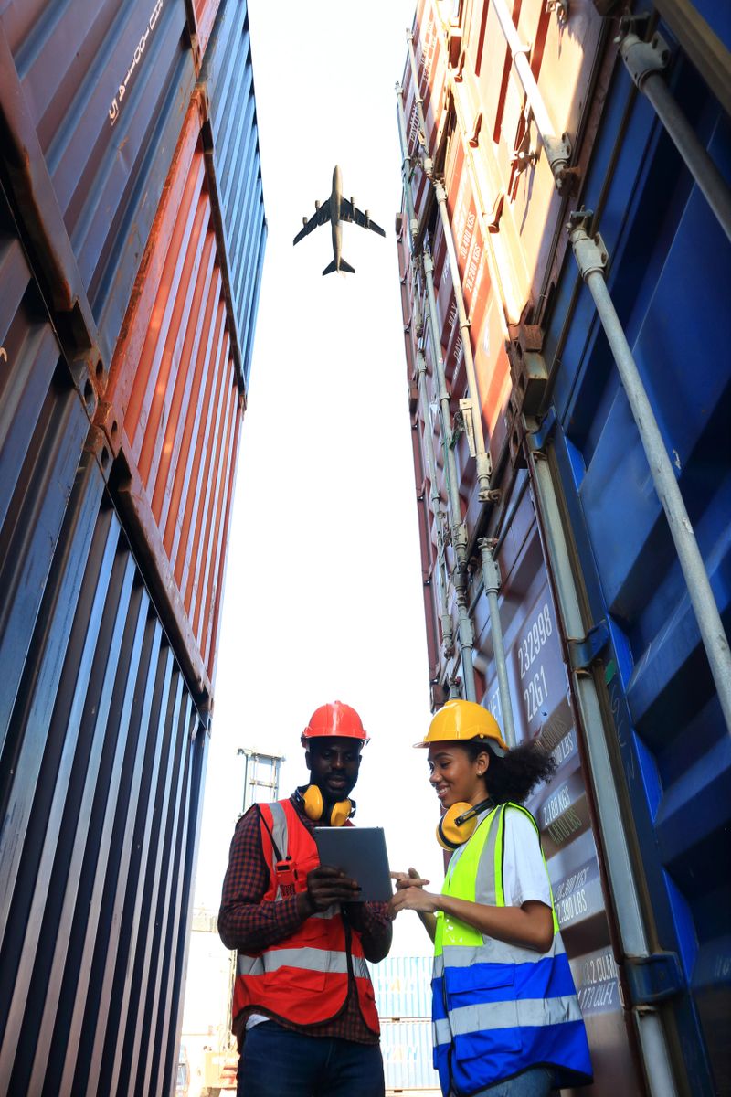logistics background for delivery business or transportion industry,African American engineer working in container area  logistics transportation import export or shipping industry free-zone area