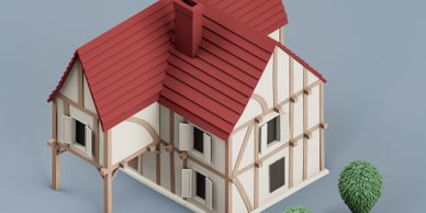 3D model of a Tudor-style house with a red roof and white walls.