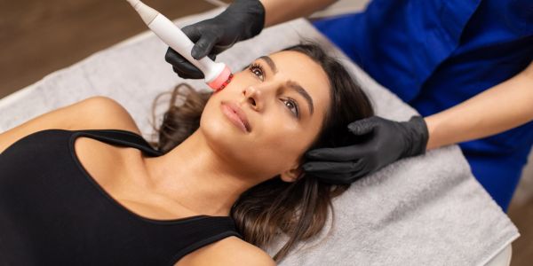 Woman receiving facial treatment at a spa.