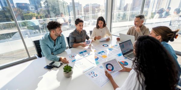 Team discussing data charts in a bright office.
