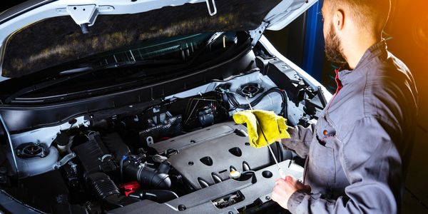 Mechanic checking engine oil level in a car with a yellow cloth.