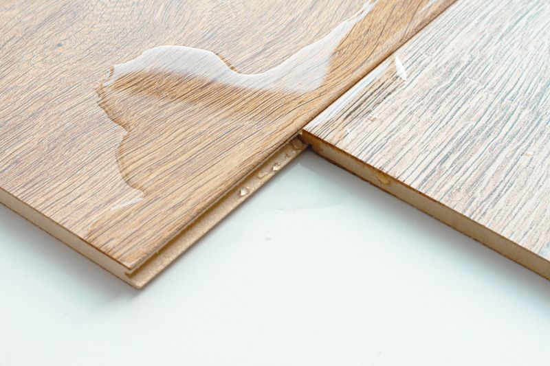 Laminate and water. Waterproof laminate. Wooden floors are impervious to moisture. Floor coverings protect from water. A puddle on the floor.