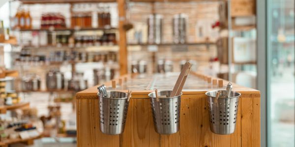 Three metal containers holding utensils hang on a wooden counter.