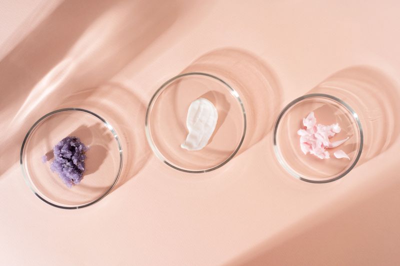 Cosmetic products, scrub, face serum and gel in many petri dishes on a pastel beige background. Cosmetics laboratory research concept
