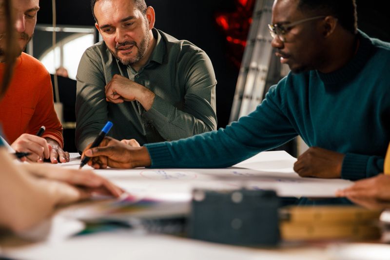 Selective focus shot of multiracial group sitting around a conference table and creating a business plan for a new business they are starting together.