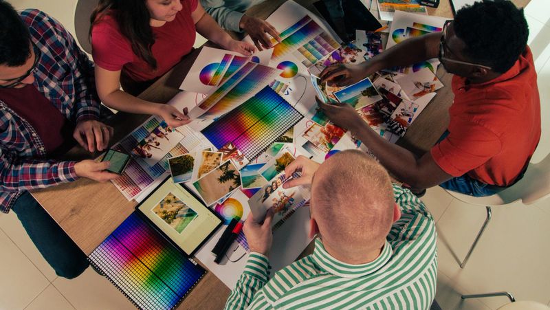 High angle view of team of diverse graphic designers and photographers collaborating on a creative project. They are making a new portfolio out of photographs, with a help of color swatches.