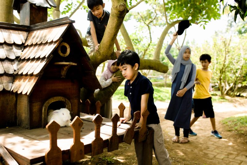 happy family enjoy feeding the livestock on the farm