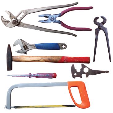 Various hand tools arranged on a white background.