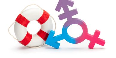 A lifebuoy next to a colorful transgender symbol in blue, pink, and purple.