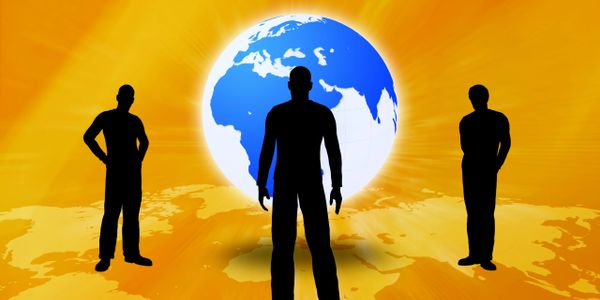 Three silhouetted men stand against a glowing globe with an orange background.