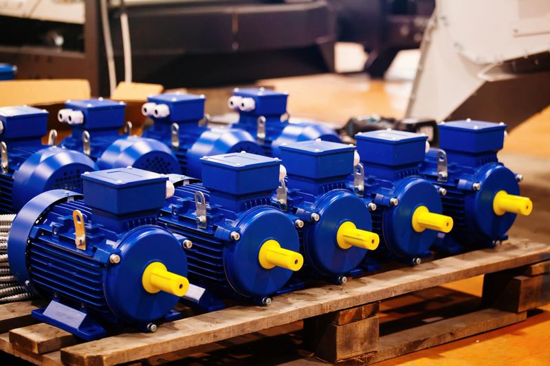 New blue electric motors in the factory for assembling.