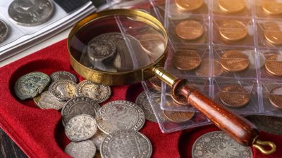 Magnifying glass and various old coins on red velvet.