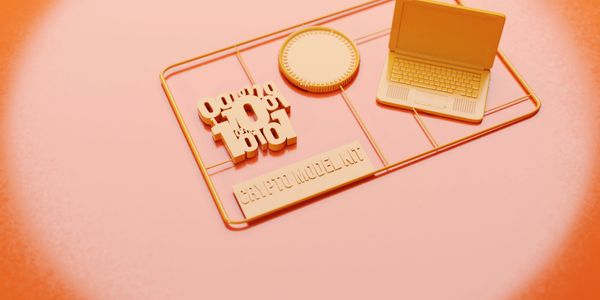 A 3D printed crypto model kit with a laptop and coin.