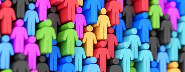 Colorful 3D human figures grouped closely together in a vibrant pattern.
