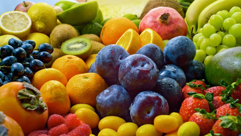 Close-up of fresh and multi-coloured organic fruits.