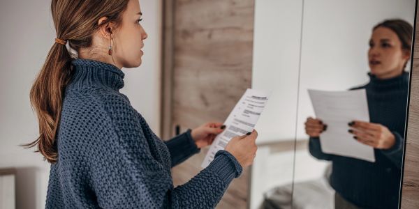 Woman reading a document in front of a mirror.
