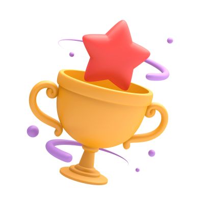 Golden trophy with red star and purple swirls.
