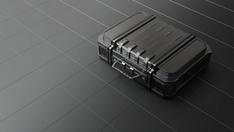 Cryptocurrency Briefcase - 3d rendered image. Sustainable investing case (portfolio) during a volatile (fluctuations ) financial market. Portfolio diversification starting point.Financial Business analytics. Copy space without people.