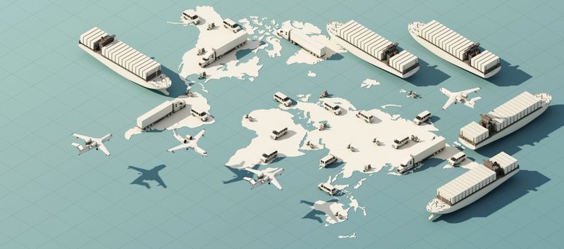 the Earth world map surrounded by cardboard boxes, a cargo container ship, a flying plane, a car, a van and a truck with gps location on blue background 3D rendering isometric view