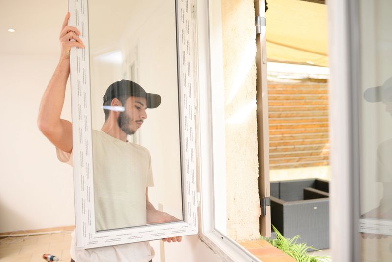 handsome young professional man installing and replacing a new home windows in client house for improvement energy saving efficiency isolation