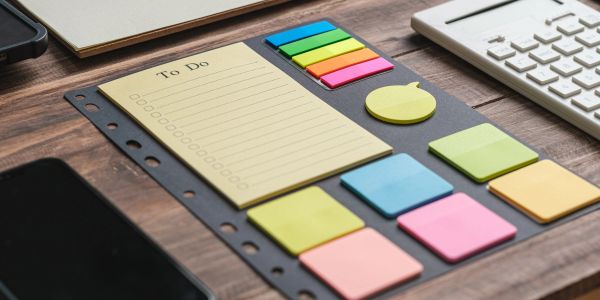 Organized workspace with sticky notes and a to-do list.