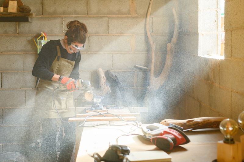 Concentrated young professional female master in apron and protective goggles polishing wood using electric grinder while standing at workbench in traditional joinery on sunny day