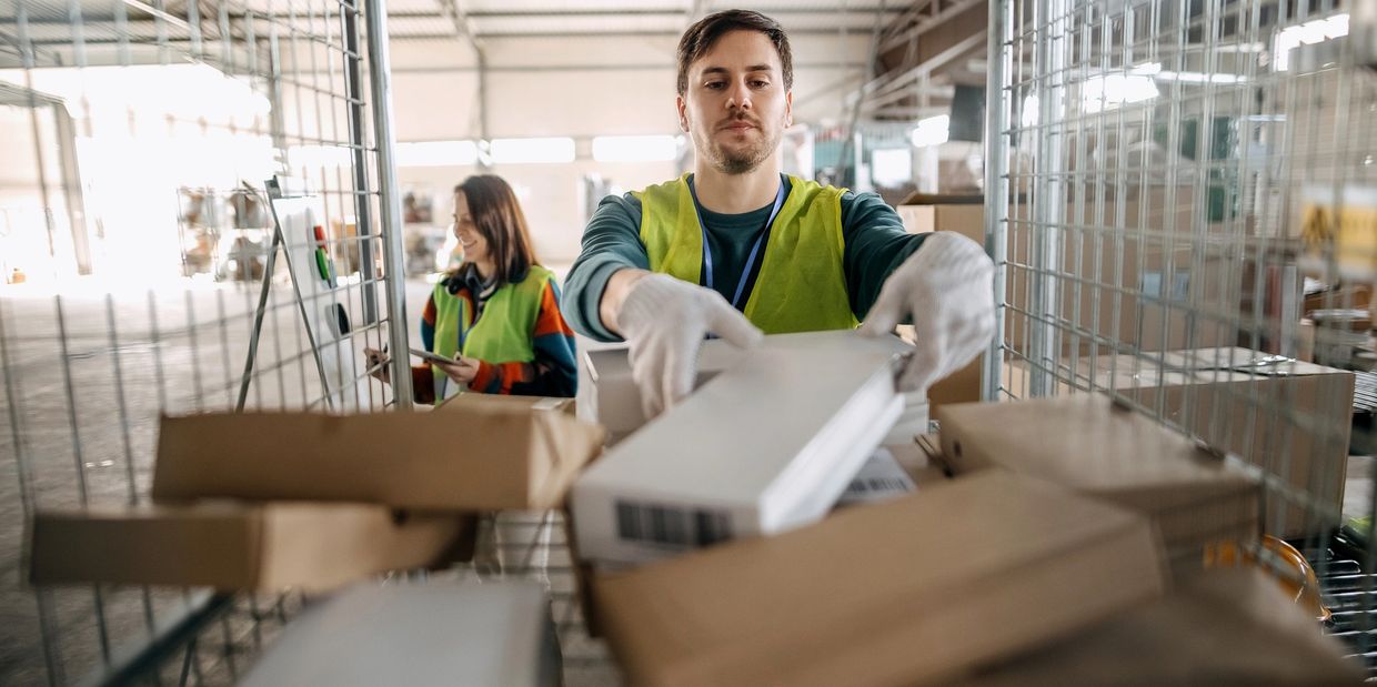 Trabajadores en almacén organizando cajas.