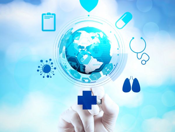 Hand interacting with digital medical icons and a globe symbolizing global health.