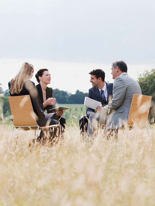 Four professionals having a meeting outdoors in a grassy field.
