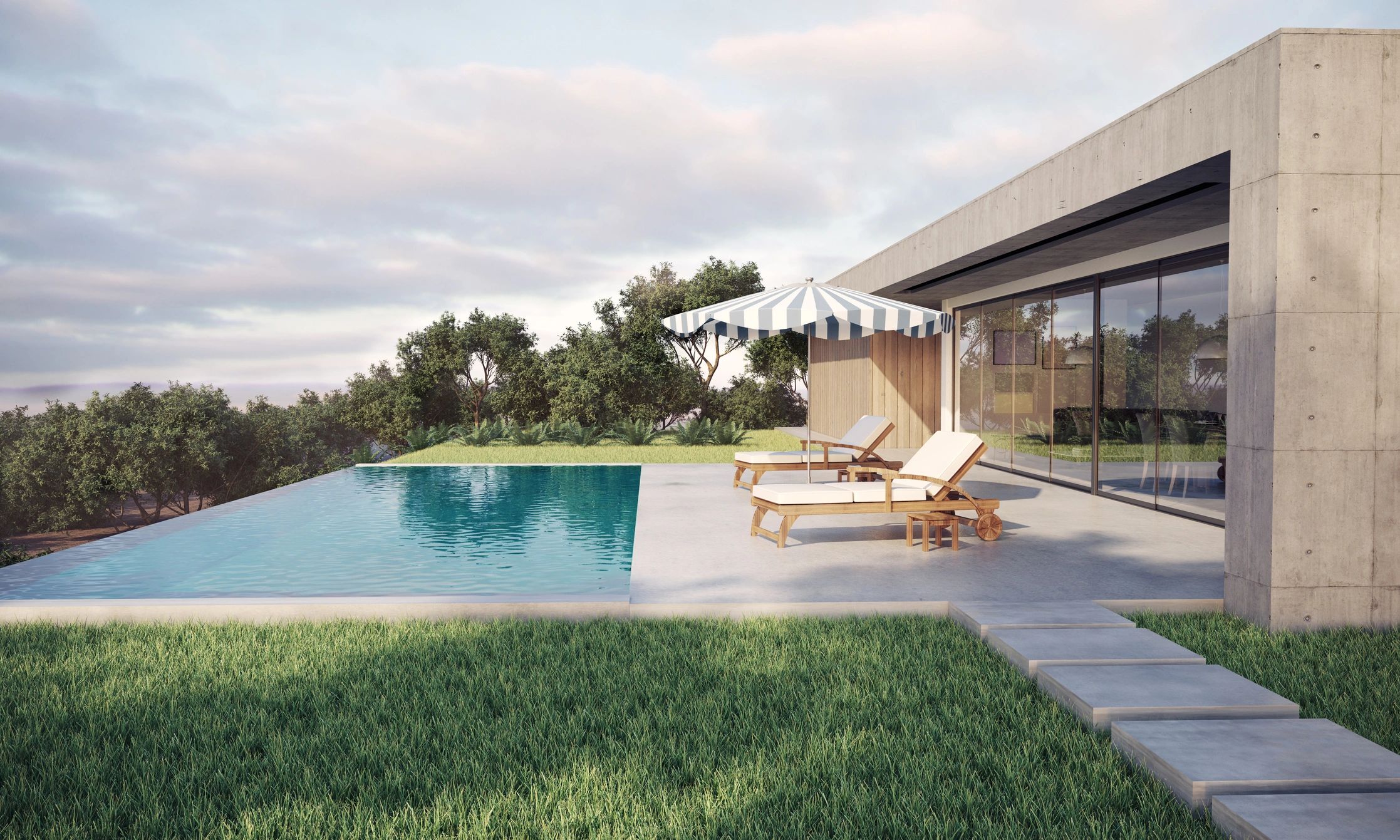 Luxurious modern house with infinity pool at sunset.