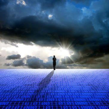 Person stands on a digital binary surface under a dramatic cloudy sky.