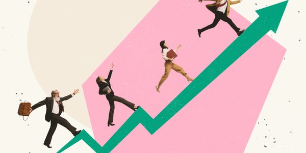 Business people climbing an upward green arrow symbolizing growth.