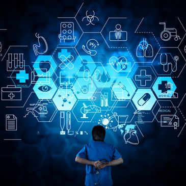 Medical professional analyzing futuristic healthcare technology interface.