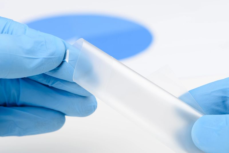 Scientist bend flexible semitransparent plastic like thin film material in laboratory. Concept of research for material with new properties.