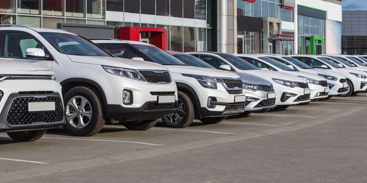 Row of white cars parked outside a dealership on a sunny day.
