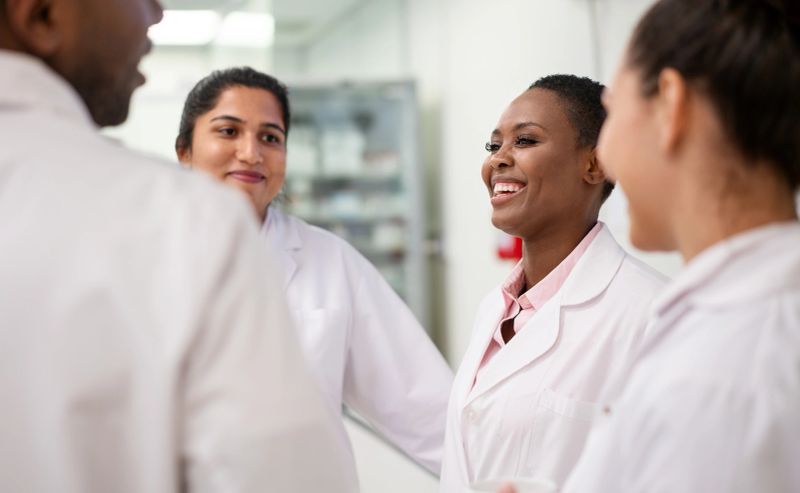 Group of medical researchers discussing and smiling in laboratory. Diverse team of scientists having a break in a lab.
