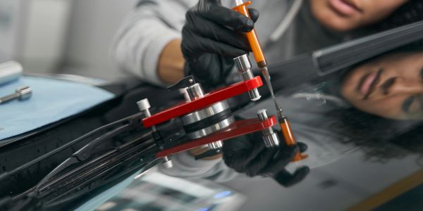 Auto glass expert fixing a windshield chip with advance resin injection. 