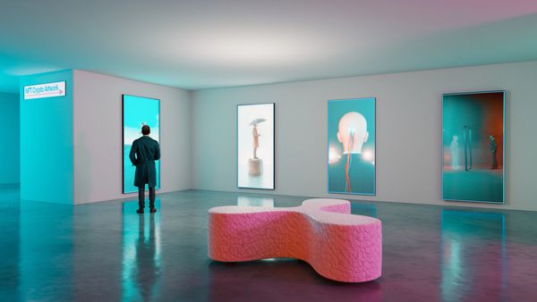 A person views digital art in a modern gallery with neon lighting and abstract displays.