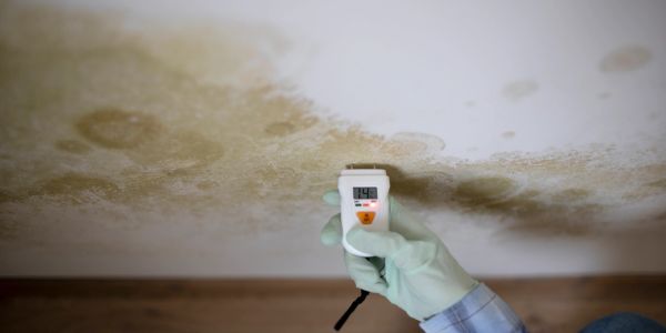 Hand measuring moisture on a moldy ceiling with a digital meter.