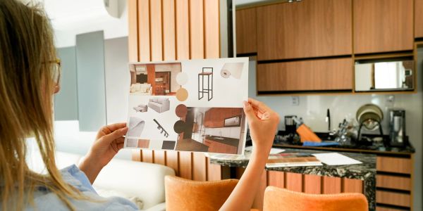 A woman reviews a home decor plan in a modern kitchen with wooden cabinets and orange chairs.
