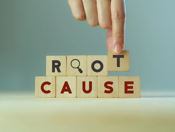 Finger placing 'T' block to complete 'ROOT CAUSE' on wooden blocks.