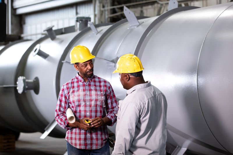 Two mature African-American men working in a metal fabrication shop, standing in front of a large metal object, conversing face to face. They are wearing hardhats and one is holding a set of plans.