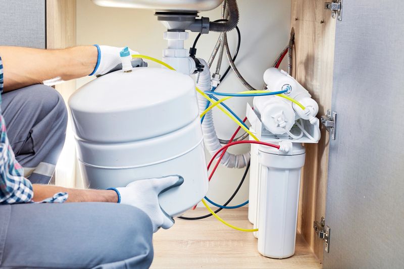 Plumber hand in gloves replace water filter cartridges at kitchen. Fix purification osmosis system. Technician installing or repairing system of water filtration.
