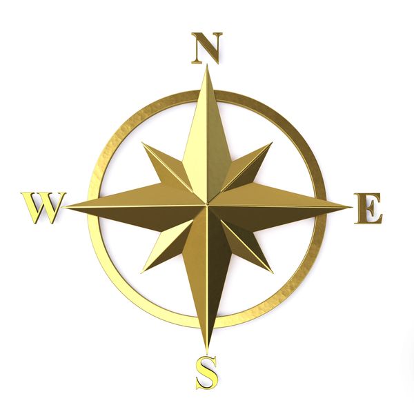 Golden compass rose with cardinal directions.